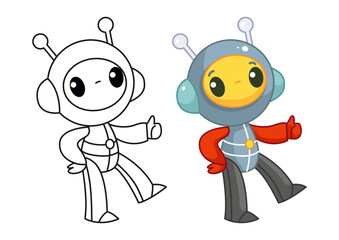 Obraz premium The astronaut stands and shows the class symbol with his hand. Set with coloring book and color example. Happy cute alien in a spacesuit smiles. Vector illustration in cartoon style. Isolated clipart.