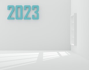 3D render illustration concept of a new house with the text of 2023 on a white background business concept the New Year trend Real estate for sale and rental of copy space, advertising design