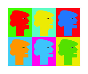 Abstract faces of women in a modern fine art painting. Set of vector multicolored psychedelic stylized talking heads. Pop Art. Template for sales, picture, poster, postcard.