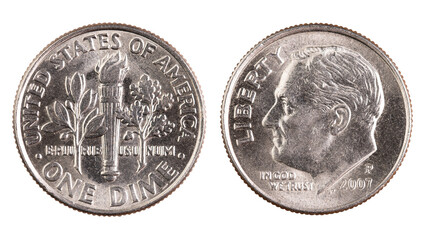 One Dime coin both sides. Money United States of America. 32nd president. American cash. Financial marketplaces. US Bank. Metallic silver circle coin. Macro photo. Isolated white background.