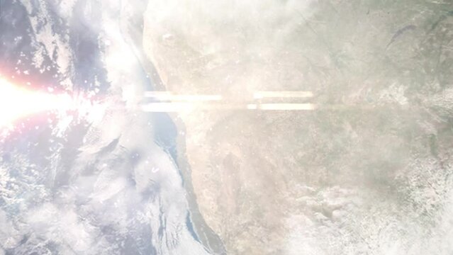 Earth zoom in from outer space to city. Zooming on Namibia, Windhoek. The animation continues by zoom out through clouds and atmosphere into space. View of the Earth at night. Images from NASA