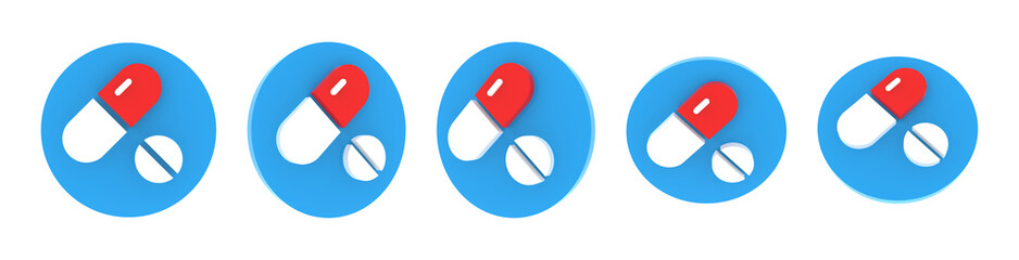 Volumetric round medical icon set, blue, red and white soft plastic. Different viewing angles, 3d rendering illustration