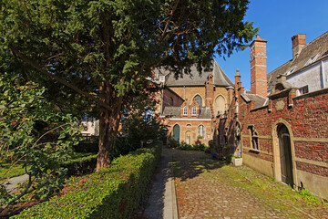 Naklejka premium Cobble street along a park with medieval brick houses and church in Antwerp beguingte