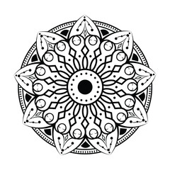Flower-shaped mandala, black and white pattern. Can be used for greeting card, phone case print, etc. Hand drawn background, vector isolated on white. EPS10
