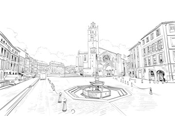Saint Etienne Cathedral. Toulouse, France. Hand drawn sketch. Vector illustration.