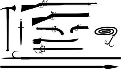 Set of pirates boarding weapon, black silhouette vector illustration