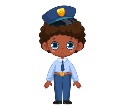 Cute cartoon black boy kid dressed as a police officer. The concept of choosing a profession by a schoolboy and a child. Vector illustration of a character. Isolated funny clipart. policeman.