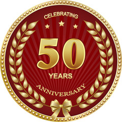 50th anniversary celebration, logo vector design, greeting  card with laurel wreath in golden circle on red background with rays. 