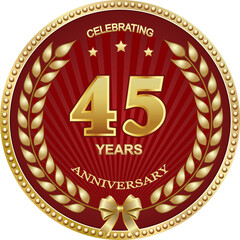 45th anniversary celebration logo vector design, greeting  card with laurel wreath in golden circle on red background with rays. 