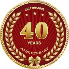 40th anniversary celebration, logo vector design, greeting  card with laurel wreath in golden circle on red background with stars. 