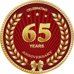 65th anniversary celebration, logo vector design, greeting  card with laurel wreath in golden circle on red background with rays. 