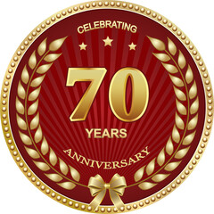 70th anniversary celebration,  logo vector design, greeting  card with laurel wreath in golden circle on red background with rays. 