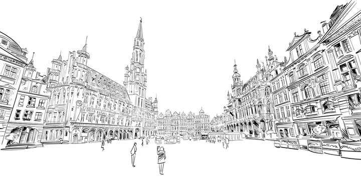  Grand Place, Grote Markt. Brussels. Belgium. Hand drawn urban sketch. Vector illustration.