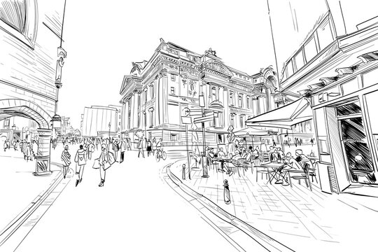 Brussels city ​​street with people and cafes. Belgium. Hand drawn urban sketch. Vector illustration.
