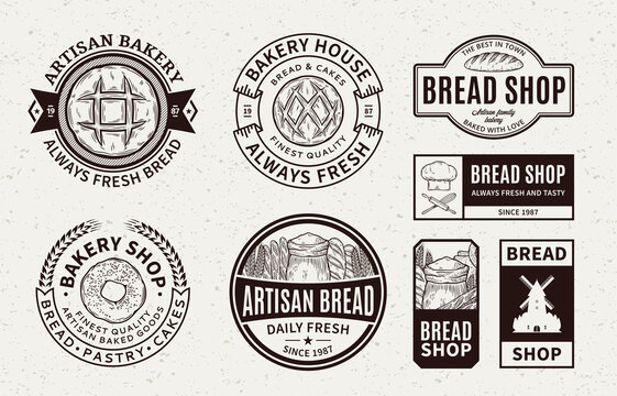 Set of vector bakery and bread shop logo, badges and icons