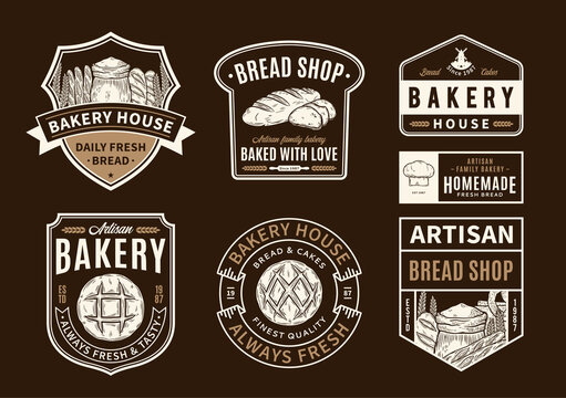 Bakery and bread logo, badges and icons isolated on a dark background
