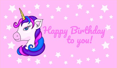 Cute Cartoon Unicorn .Beautiful unicorn vector.Cute clouds and rainbow illustration.Print for t-shirt or sticker. Romantic hand drawing.birthday card ..