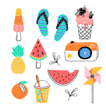 Various bright items for summer holidays. Fruits and snacks. Accessories drawn in a flat style. Black and white fruits. Vector illustration isolated on white background.