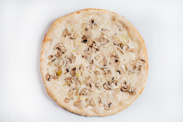 Pizza with onion cheese and mushrooms on a white plate.