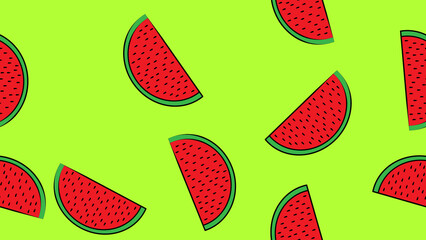watermelon with seeds on a green background, vector illustration, pattern. wallpaper with watermelons. illustration for the kitchen, pastry shop. watermelon illustration