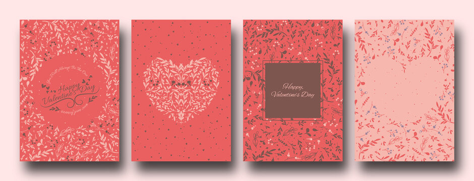 Ornate Happy Valentine's day cards with hearts and leaves, simple and minimal with a copy space. Universal modern artistic templates.	
