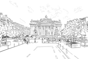 Brussels city ​​street with people and cafes. Belgium. Hand drawn urban sketch. Vector illustration.