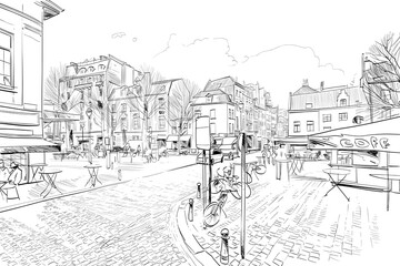 Brussels. Belgium. Hand drawn urban sketch. Vector illustration.