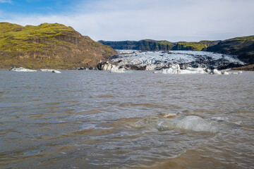 Sólheimajökull picturesque glacier in southern Iceland. The tongue of this glacier slides from...