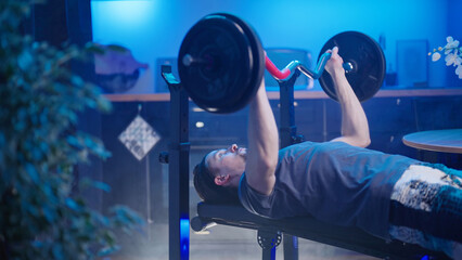 Male person bench press chest exercise at home in kitchen