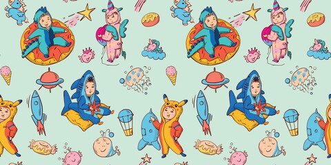 Seamless pattern with little kids in kigurumi pajamas dinosaur,shark and unicorn.Set of space,sea and sweet elements.
