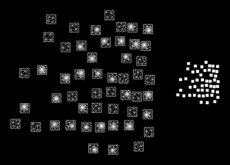Scattered square particles icon and glowing net mesh scattered square particles structure with flare light spots.