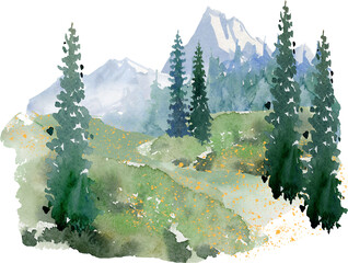 watercolor mountain landscape clipart, forest lake background clip art, summer nature painting image, sublimation design
