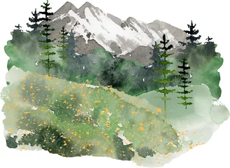 Fotobehang aquarel berglandschap clipart, bos meer achtergrond illustraties, zomer natuur schilderij afbeelding, sublimatie ontwerp © lyubovzaytseva