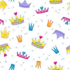 Seamless pattern with cute multicolored king or princess crowns on a white background. Tiara and pearls in a funny children's style. Vector illustration for print clothes, postcards, textiles. © GreenPencil