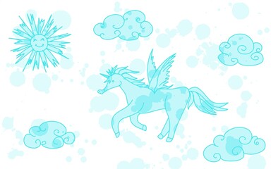 turquoise unicorn with wings. sketch doodle new