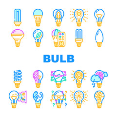 Bulb Lighting Electric Accessory Icons Set Vector. Fluorescent And Halogen Light Bulb, Led And Energy Save Electricity Equipment Line. Electrical Innovation Technology Color Illustrations