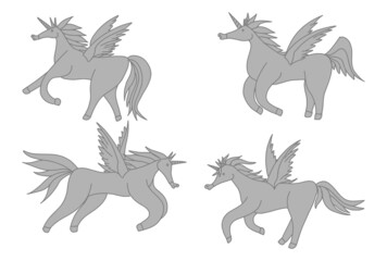 compilation unicorns mythical animals gray. sketch
