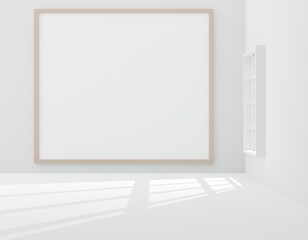 3d render illustration Interior empty room with white picture frame on grey