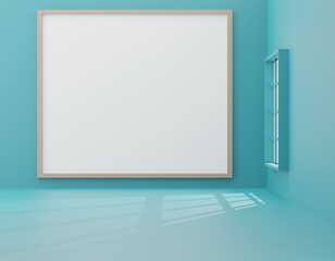 3d render illustration Interior empty room with white picture frame on blue