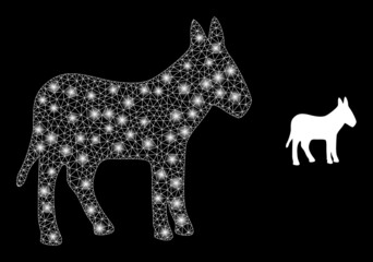 Fototapeta premium Donkey icon and glare net mesh donkey model with bright spots. Illuminated model is done from donkey vector icon and triangle mesh. Bright frame donkey, on a black background.