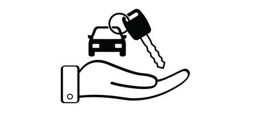 Cartoon open hand giving car keys. Open hand palm icon or logo. Supporting. Valet key symbol. Car insurance icon. Vector Vehicle pictogram. Car rental or sale concept