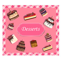 A set of cakes on a pink background. Checkered frame. Vector stock illustration. Cartoon. Food. Cake and pastry. Desserts.