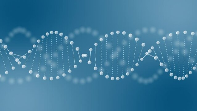 Abstract glittering DNA double helix animation - blue background. Glowing rotating 3D DNA double helix - Medical and Science concepts. Seamless loopable background.