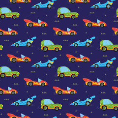 Seamless pattern with multicolored cartoon cars. Vector illustration of transport in a minimalist flat style, hand drawn. Print for textiles, print design, postcards.