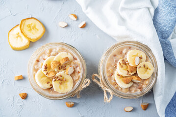Banana flax seeds overnight oats with banana slices and almonds