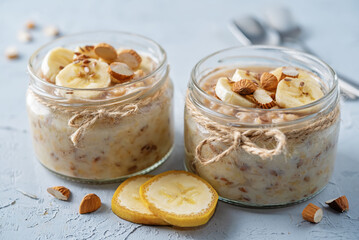 Banana flax seeds overnight oats with banana slices and almonds