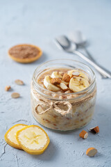 Banana flax seeds overnight oats with banana slices and almonds