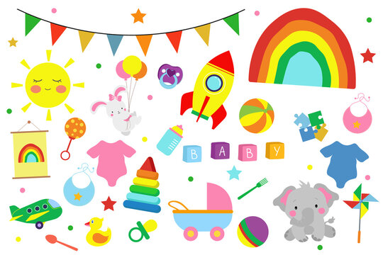 A set of children's toys, clothes. Vector illustration