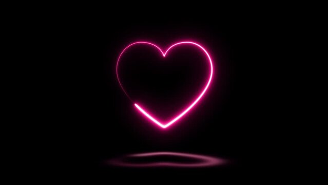 Red neon heart with reflection on the floor on a black background. Animation of seamless loop.