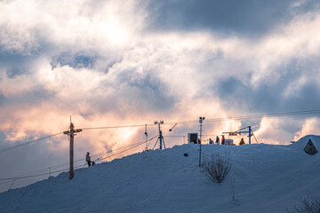 Skiing at sunset